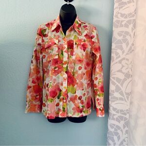 Jones New York Pink & Green Floral Long Sleeve Button Down Shirt Size Small